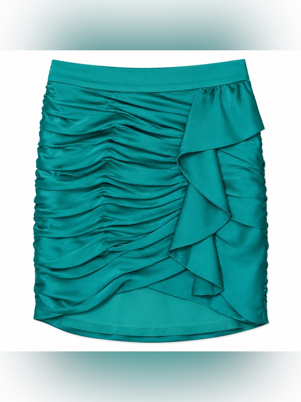 Ramy‎ Brook Teal Satin Ruched Mini Skirt Ruffle Side Size 4 Party Night